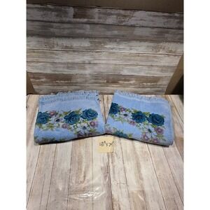 2 Vintage Pequot Blue Floral Bath Towels Rose Fringe 40x24 Cotton Lazy Daisy